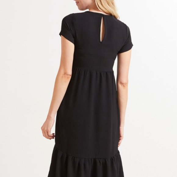 Allison Joy Black Midi Crepe Dress Ruffle Hem Short Rolled Sleeve Evereve Becca - Picture 3 of 7